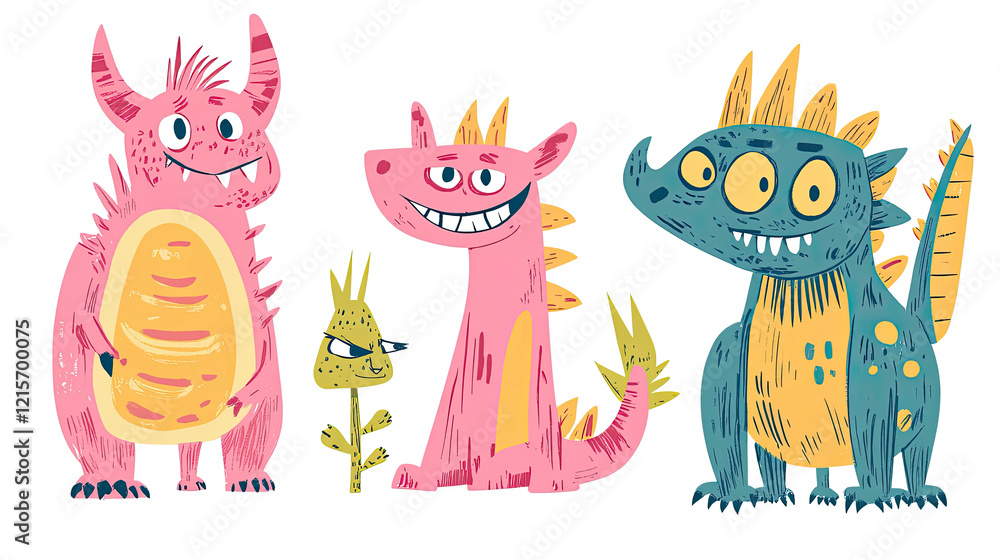 Poster cute collection of colorful funny monsters on display generative ai