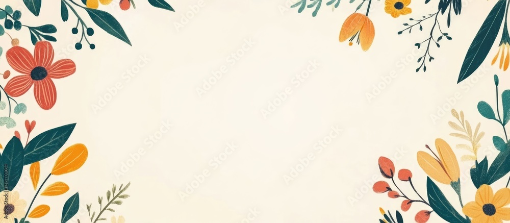 Poster floral border design with colorful flowers and leaves on a light background with copy space for text