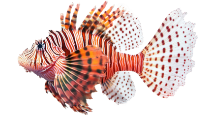vibrant lionfish. showcasing its striking red. white. and black striped body and elaborate fins. emphasizing its unique appearance and beauty in marine life to highlight the intricate details of this