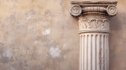 Obraz premium Ancient Greek column with decorative capital against weathered wall background and ample copy space for text placement