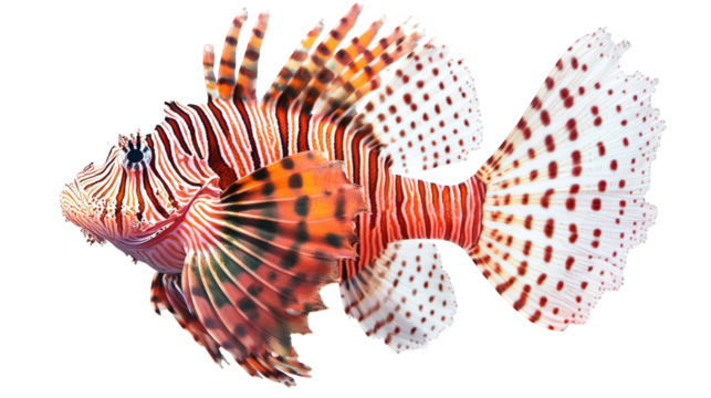vibrant lionfish. showcasing its striking red. white. and black striped body and elaborate fins. emphasizing its unique appearance and beauty in marine life to highlight the intricate details of this