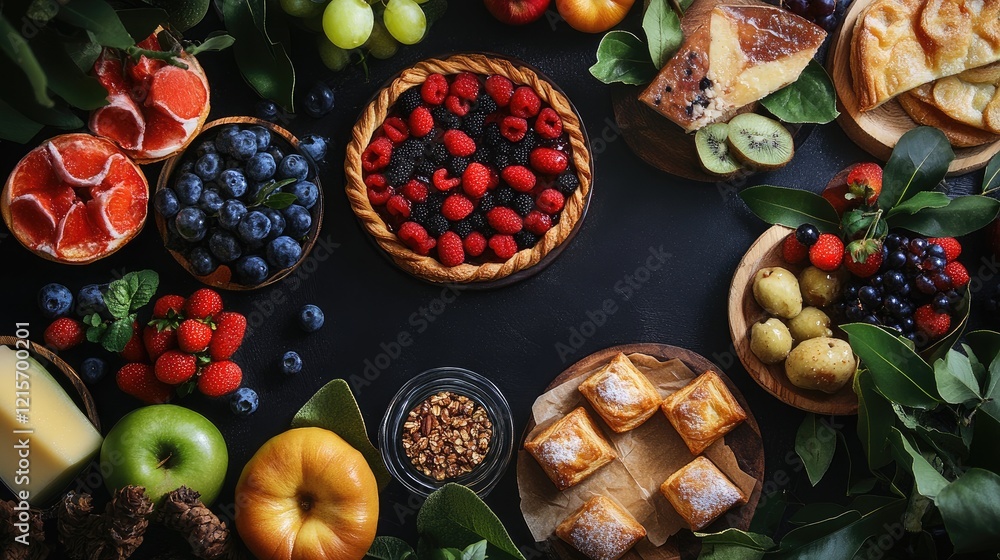 Poster colorful assortment of fresh fruits and desserts arranged on a dark background with copy space for t