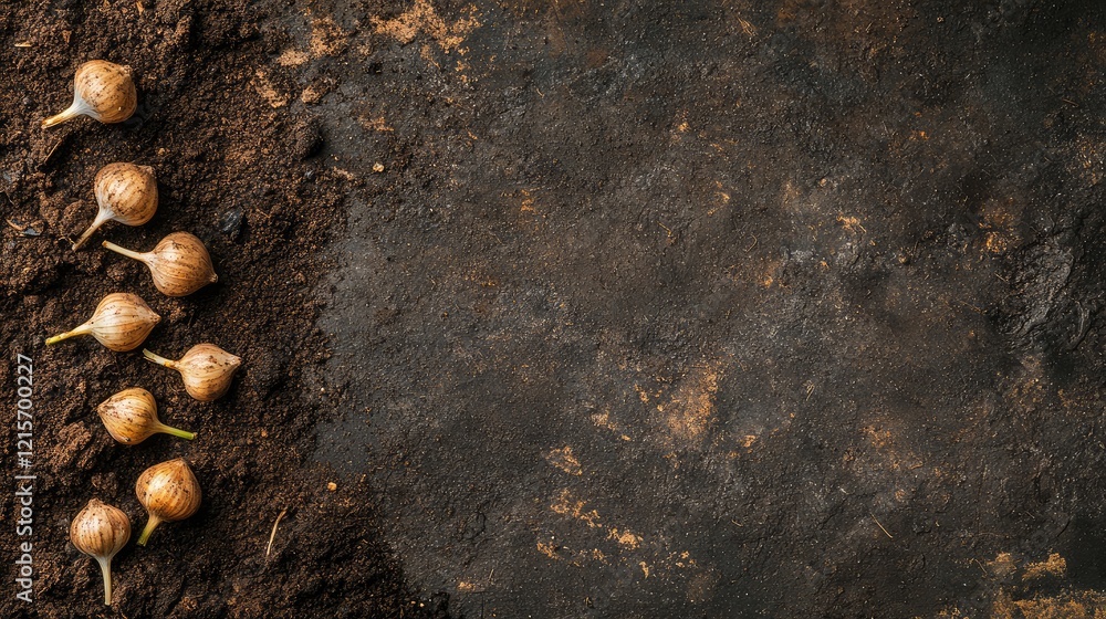 Poster planting bulbs in dark soil with copy space for text on the right side of the image