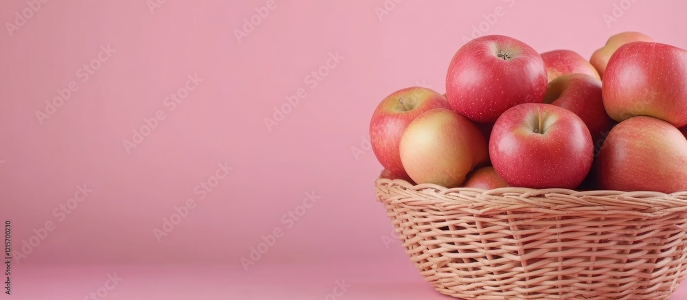 Poster fresh red apples in a wicker basket on a pink background with ample copy space for text placement.
