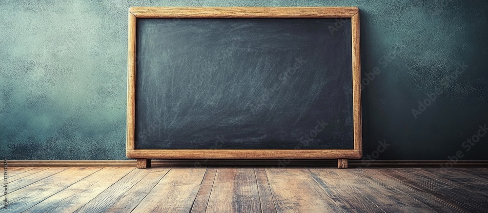 Poster wooden framed chalkboard on a textured wall in an empty classroom with wooden flooring and ample cop