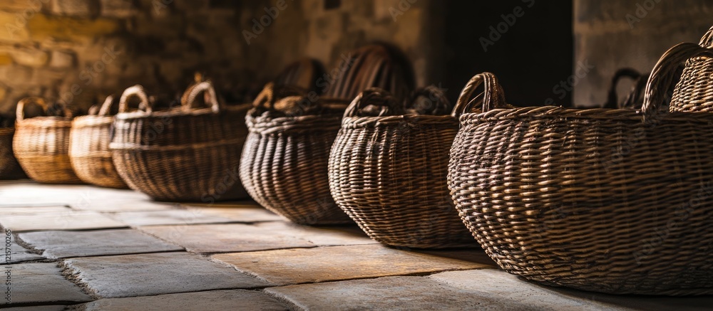 Poster woven wicker baskets arranged in a row on tiled floor with warm lighting copy space