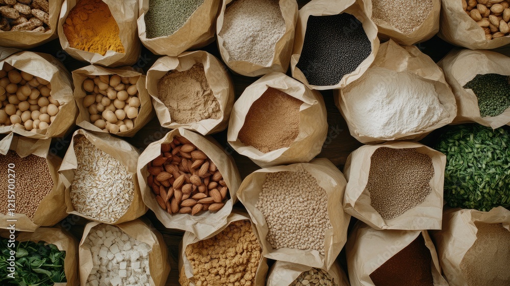 Poster assorted spices and grains in paper bags arranged on a flat surface with copy space for text.