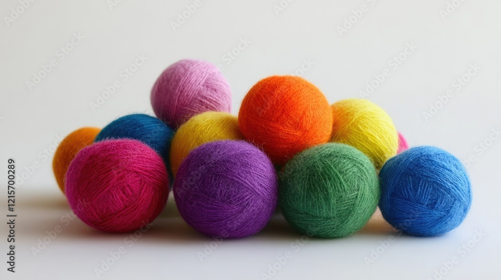 Poster colorful yarn balls arranged in a pile on a light background with copy space for text placement.