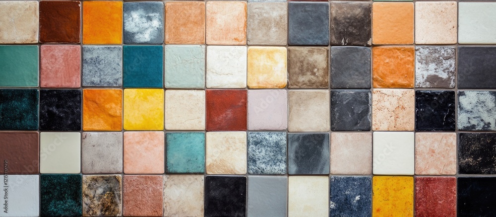 Poster colorful mosaic tile pattern with various textures and shades arranged in a grid formation showing c