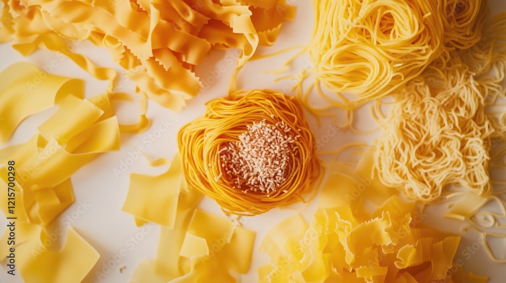 Poster Assorted varieties of uncooked pasta arranged on a white surface with a focal point of spaghetti and sesame seeds Copy Space