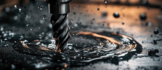Drilling metal with a spiral drill bit creating splashes in oil on a dark reflective surface Copy Space