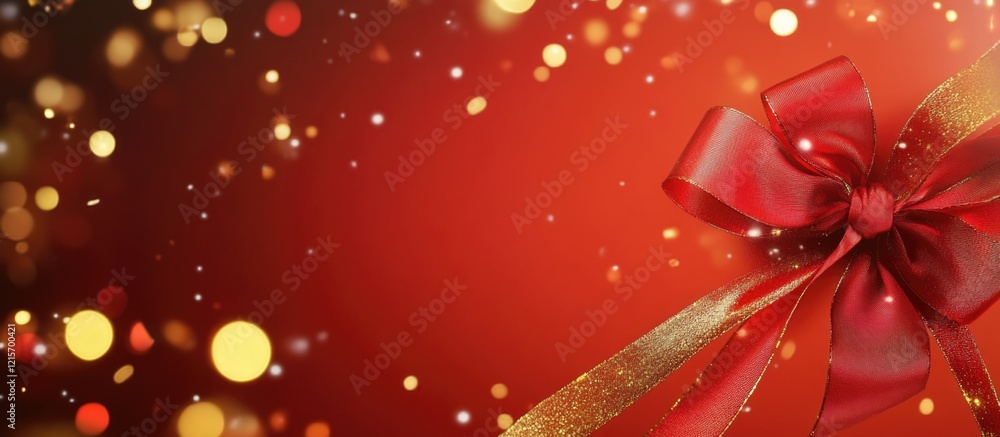Poster red festive background with sparkling bokeh lights and a decorative ribbon bow in the corner copy sp