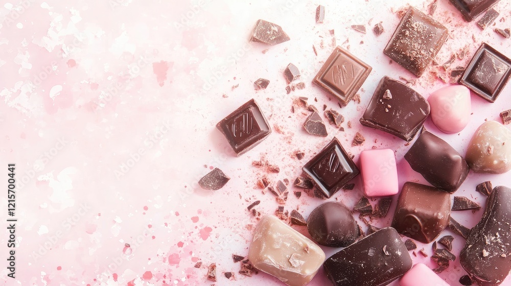 Poster chocolate pieces and shavings on pink background with copy space for text use