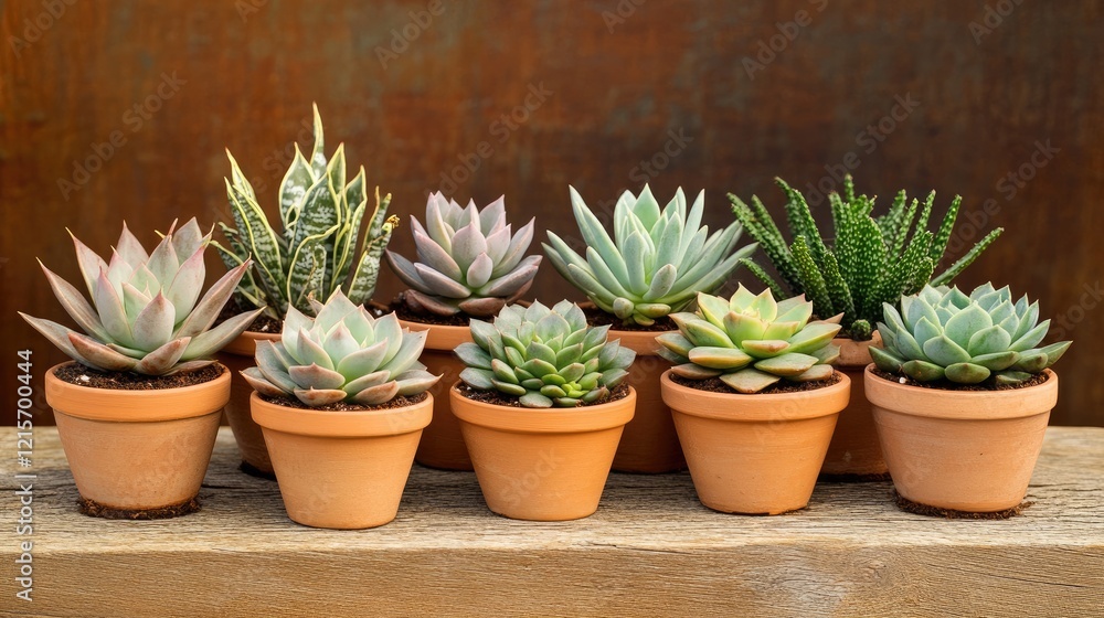 Aufkleber collection of various succulent plants in terracotta pots arranged in a row with a rustic background