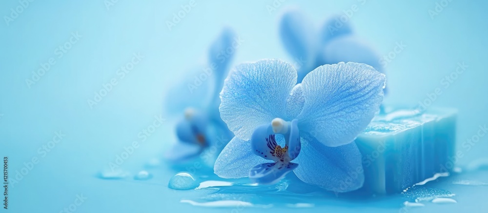 Poster blue orchids with soap and water droplets on a light blue background featuring copy space for text p