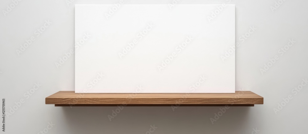 Poster blank canvas on wooden shelf with neutral background and copy space for text placement