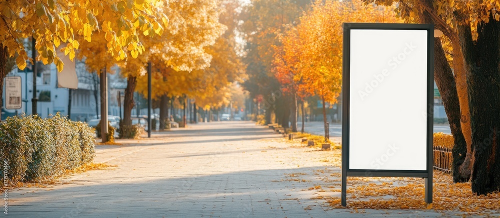 Poster autumn park scene featuring empty vertical billboard frame with colorful foliage and clear copy spac