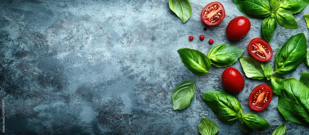 Poster fresh cherry tomatoes and basil leaves on a textured stone background with copy space for text place