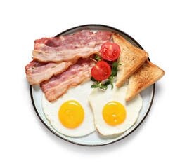 Plate with tasty fried eggs, toasts, tomatoes and bacon on white background. Top view