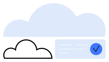 Large blue cloud above, smaller cloud outlined in black, blue check mark on the right. Ideal for cloud computing, data storage, security verification, online services, tech solutions, digital safety