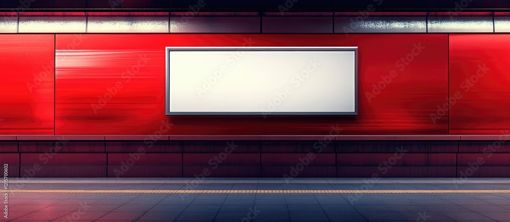 Poster empty advertisement space on red wall in modern subway station with copy space for text or graphics.