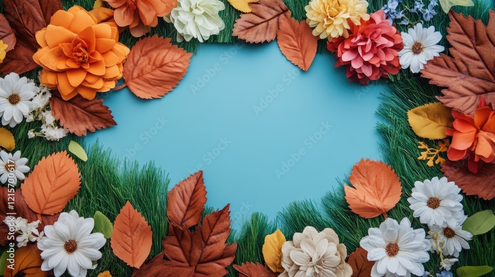 Poster colorful floral frame with assorted artificial flowers and leaves on a blue background with copy spa