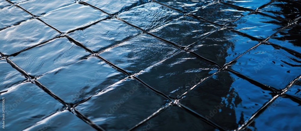 Poster reflective water surface with tiled pattern and varying shades of blue, featuring ample copy space f