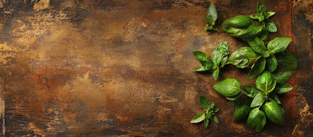 Aufkleber fresh green basil leaves on a rustic wooden surface with textured brown background and ample copy sp