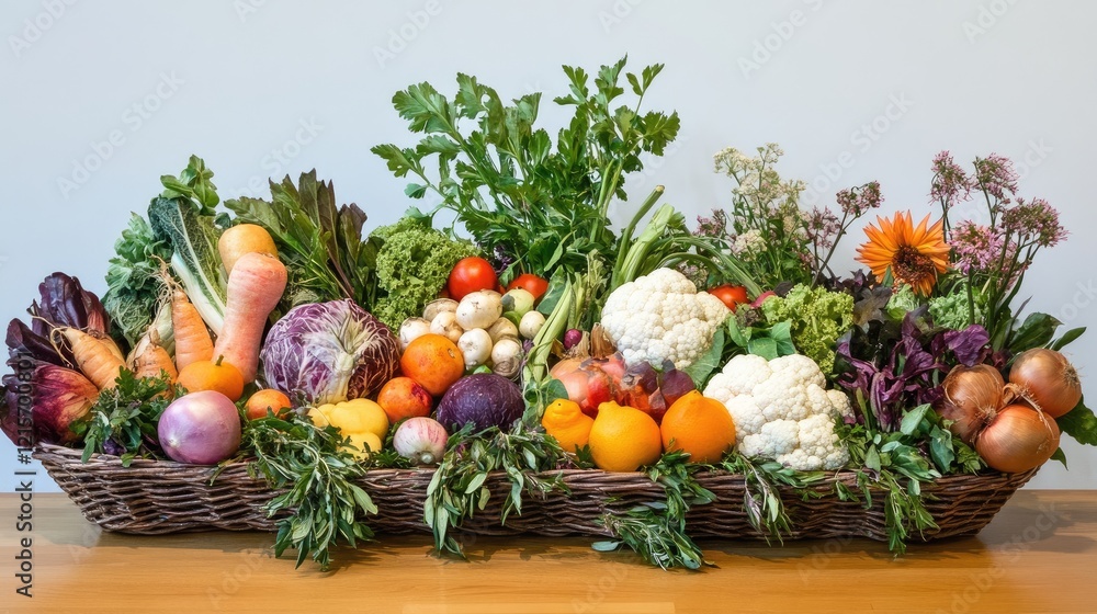 Poster fresh assorted vegetables and herbs displayed in a wicker basket with copy space for text usage