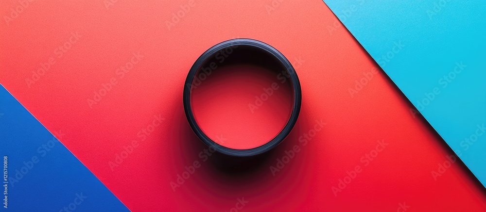 Poster colorful geometric composition featuring a black circular object on vibrant red and blue backgrounds