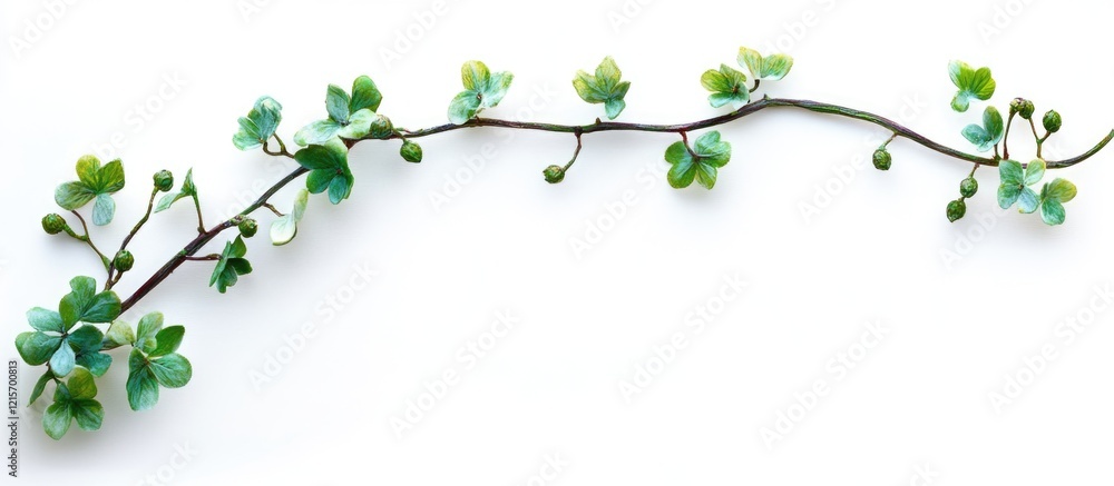 Poster green vine with small leaves and buds on a white background with copy space for text placement.