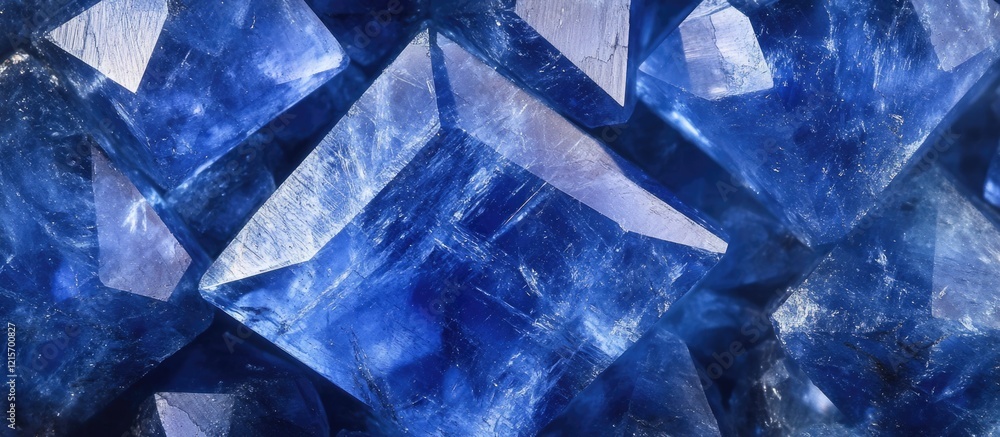 Poster blue translucent crystals with sharp facets and rich color displaying texture and depth on a dark ba