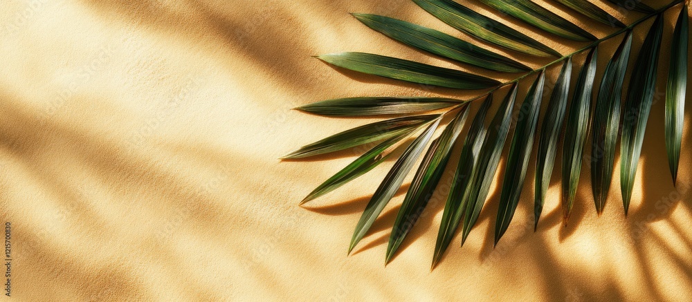 Poster tropical palm leaf shadow on textured beige background with copy space for text insertion
