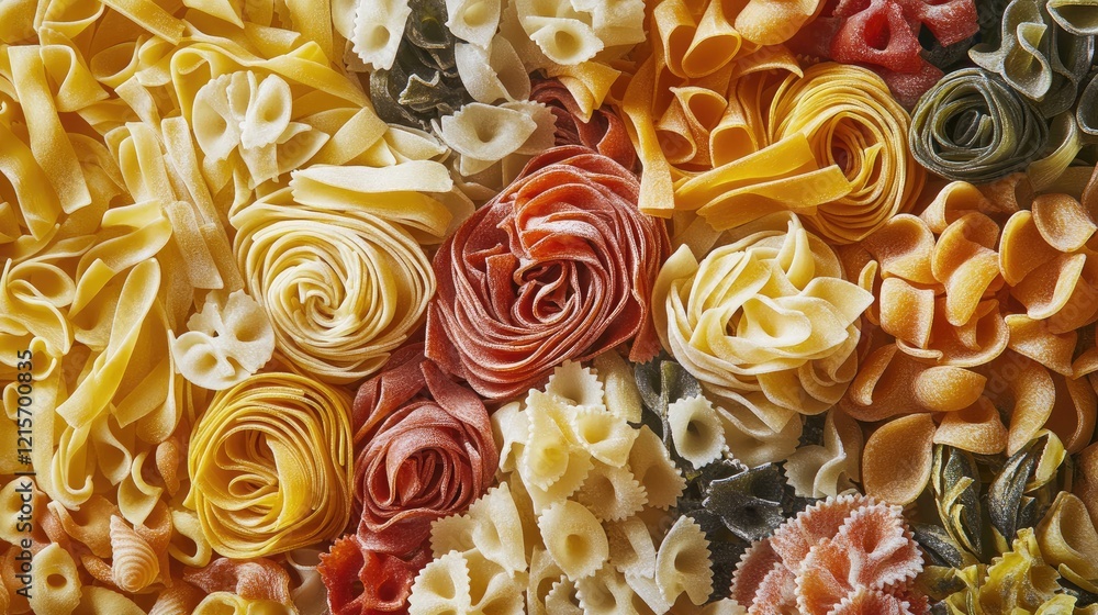 Poster assorted colorful pasta varieties arranged artistically on a surface with ample copy space for text 