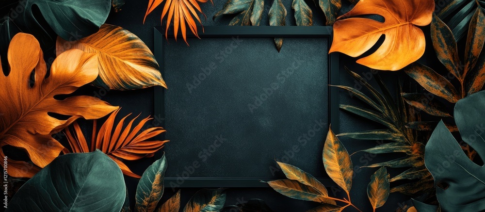 Poster tropical leaves frame with dark copy space in center for text or design elements