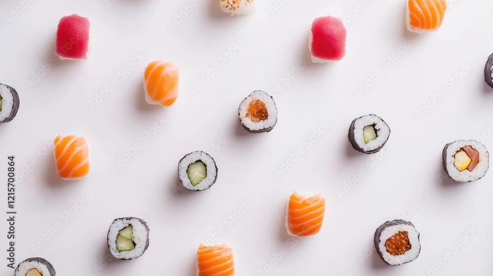 Poster assorted sushi pieces arranged on a white surface with copy space for text placement