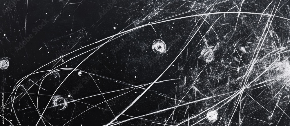 Poster abstract black and white image with intersecting light trails and swirls against a dark background f