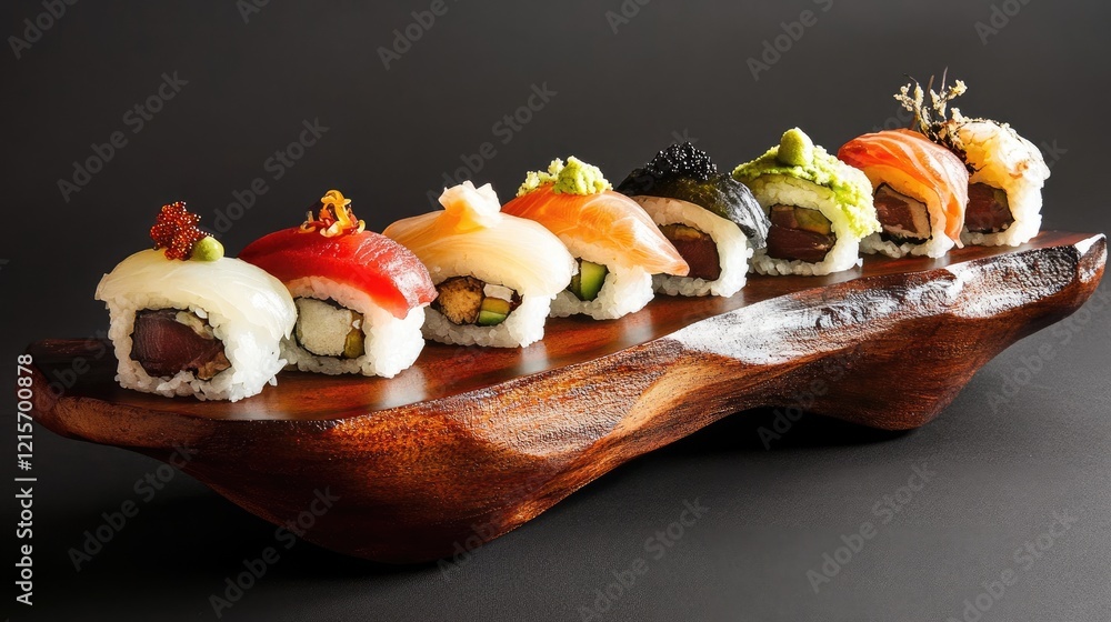 Poster assorted sushi rolls arranged on a wooden platter against a dark background with copy space for text