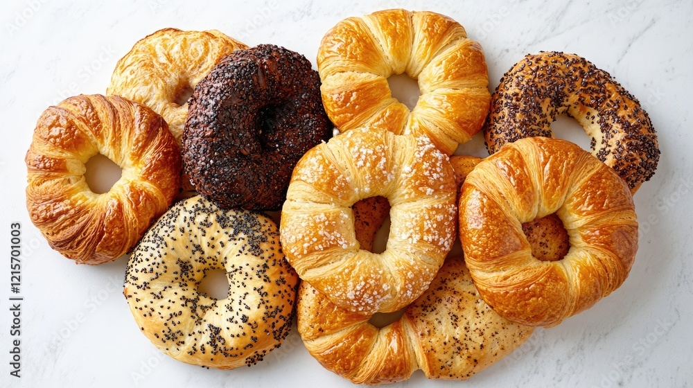 Poster assorted bagels with various toppings arranged on a marble surface copy space