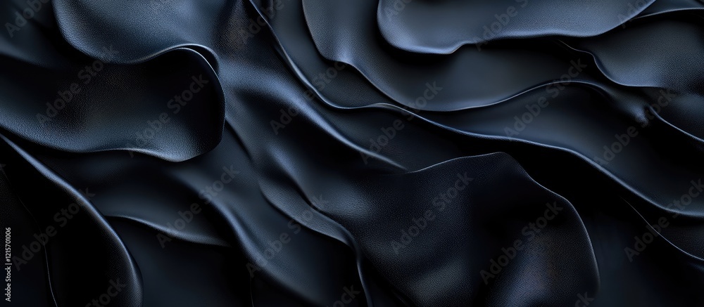 Poster black fabric texture with smooth flowing waves and folds in a subtle gradient, suitable for backgrou