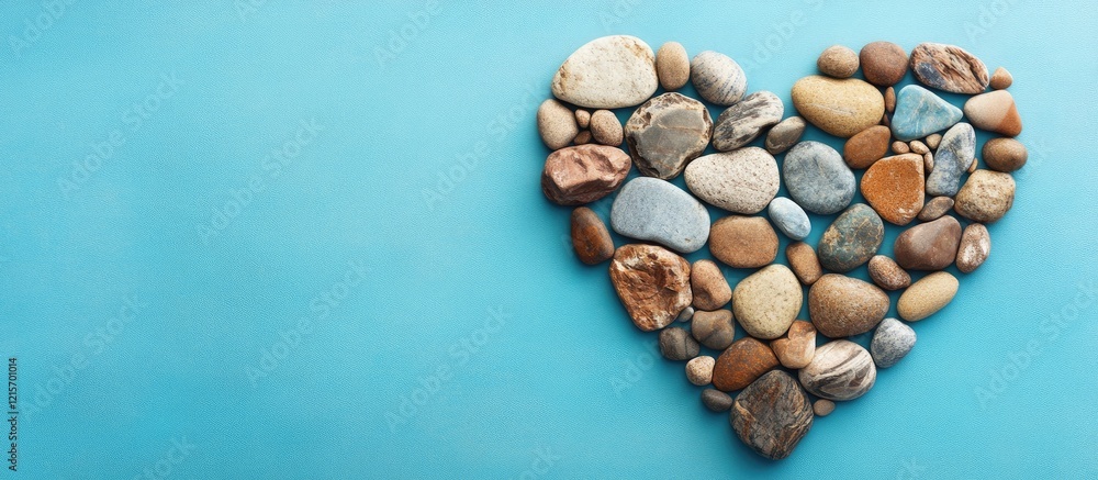 Poster heart shape composition made of smooth pebbles on blue background with copy space for text placement
