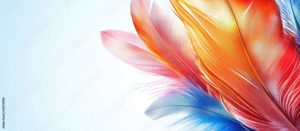 Poster colorful abstract feather design with smooth gradient in blue, orange, and red tones and ample copy 