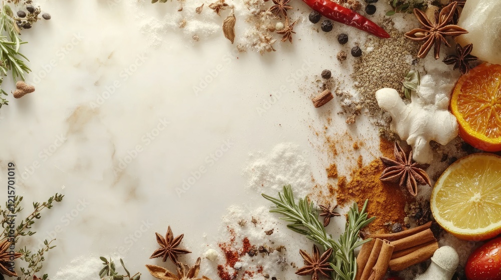 Aufkleber spices and herbs arranged on a marble surface with orange slices and copy space for text