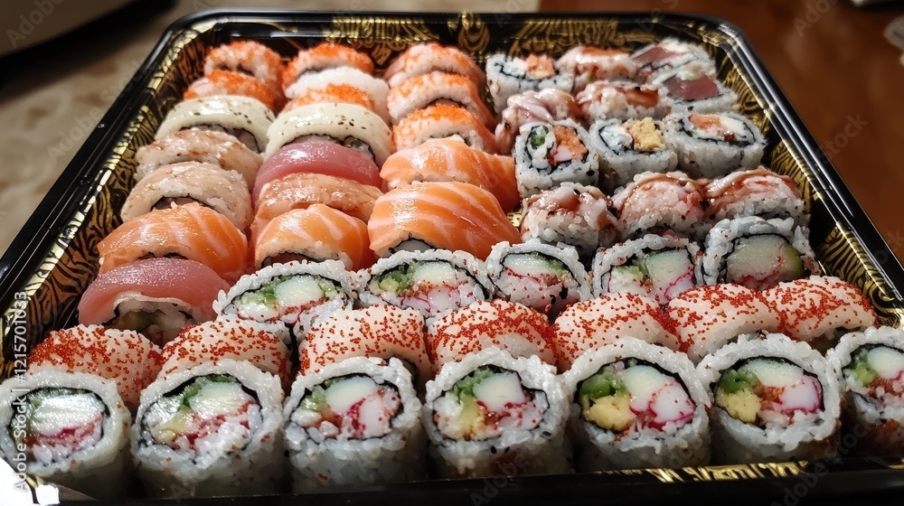 Poster assorted sushi platter with various rolls and sashimi in a black takeout container on a wooden surfa
