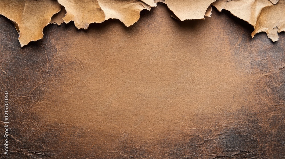 Poster textured brown leather background with torn paper edges creating a natural frame and ample copy spac