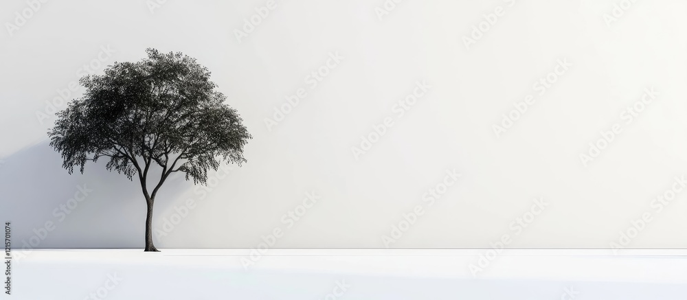 Poster lonely tree standing against a minimalist white wall with copy space for text placement