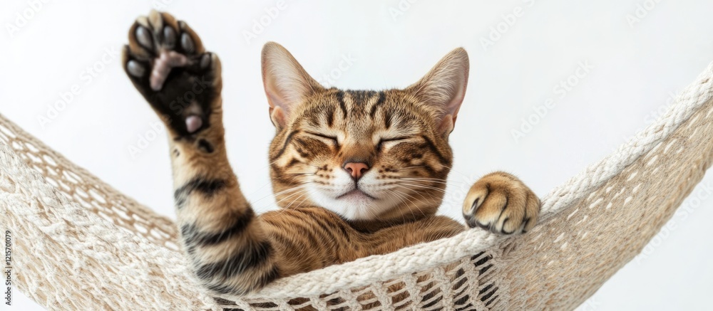 Poster cute tabby cat resting in a hammock with one paw raised copy space