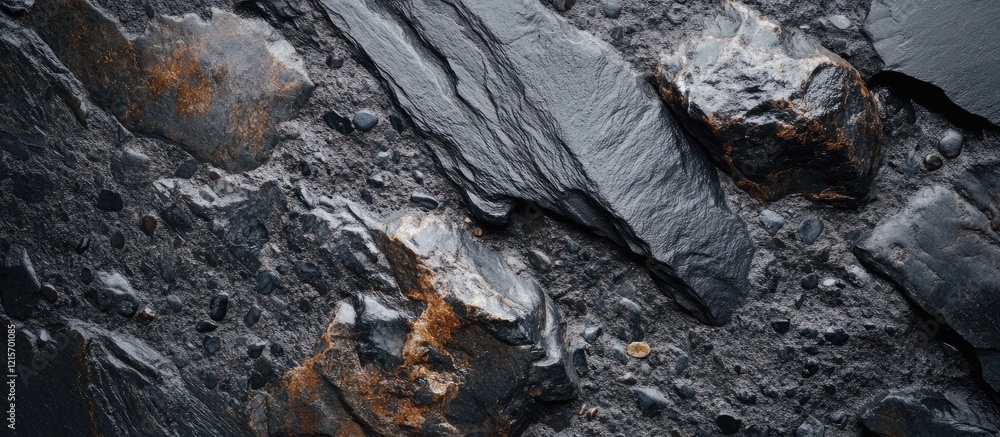 Poster textured surface of dark rocks and minerals with variations in color and sheen, ideal for background