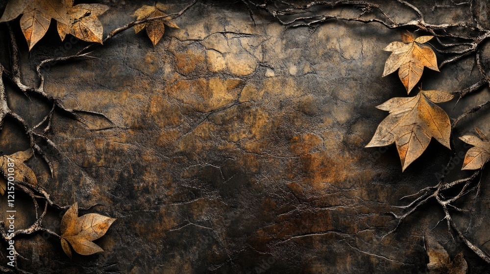Aufkleber textured background with autumn leaves and twisted branches, providing ample copy space for design e