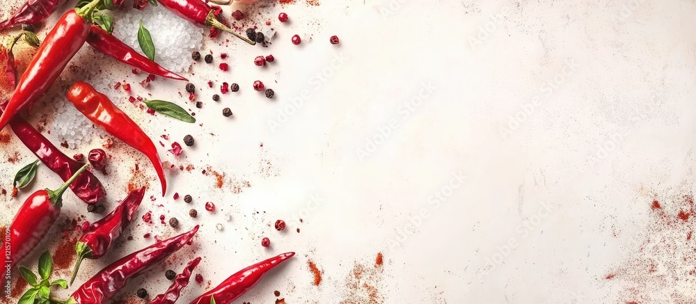 Poster red chili peppers scattered on a textured surface with herbs and spices and ample copy space for tex